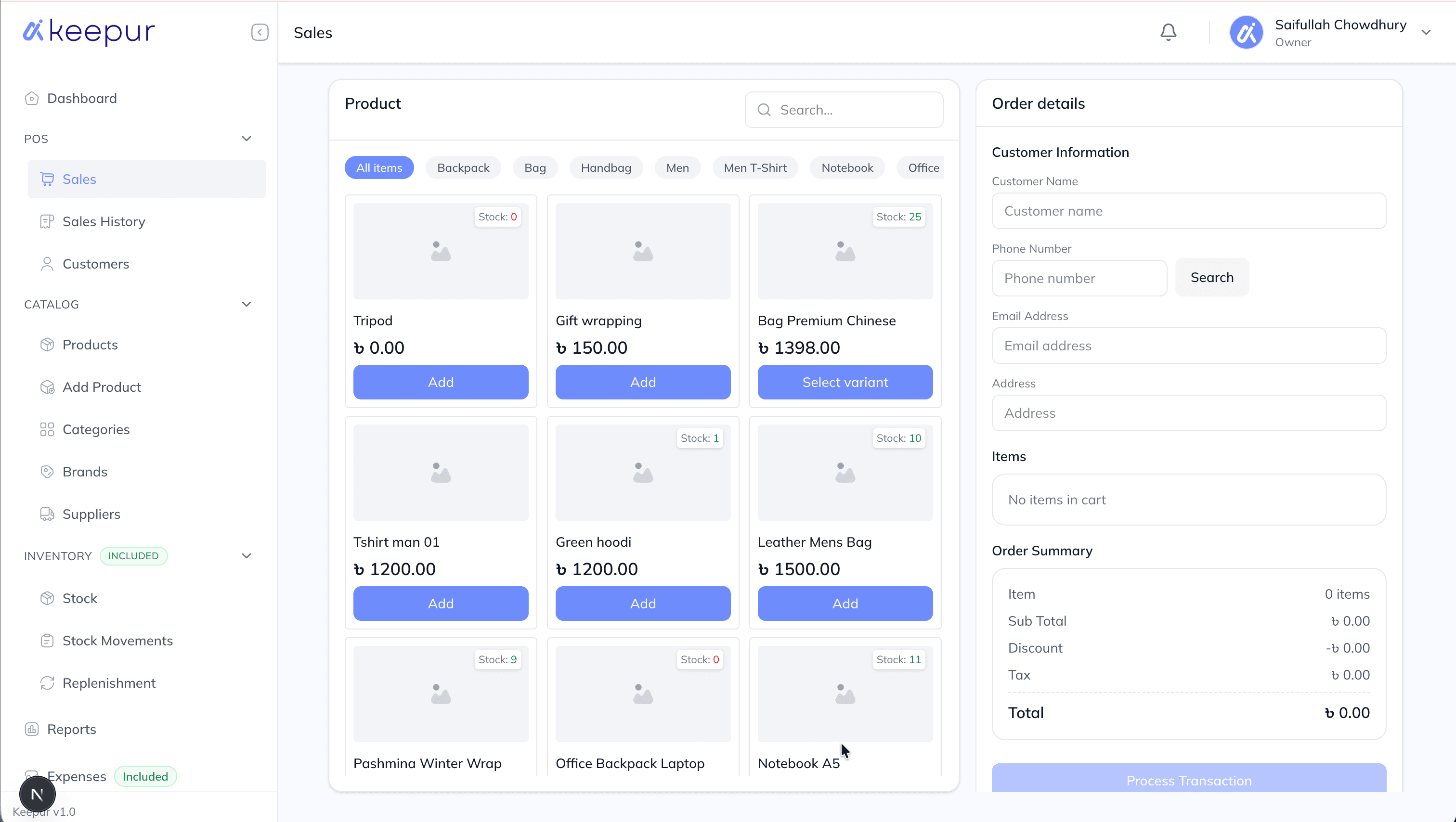 Keepur sales dashboard showing checkout and retail transaction management.